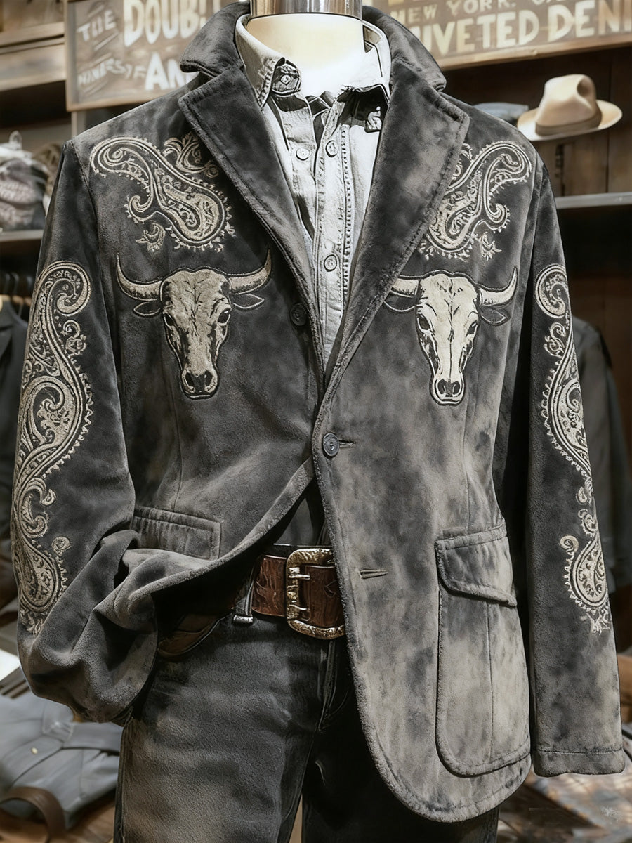 Men's Retro Western Style Art Print Casual Corduroy Pocket Blazers